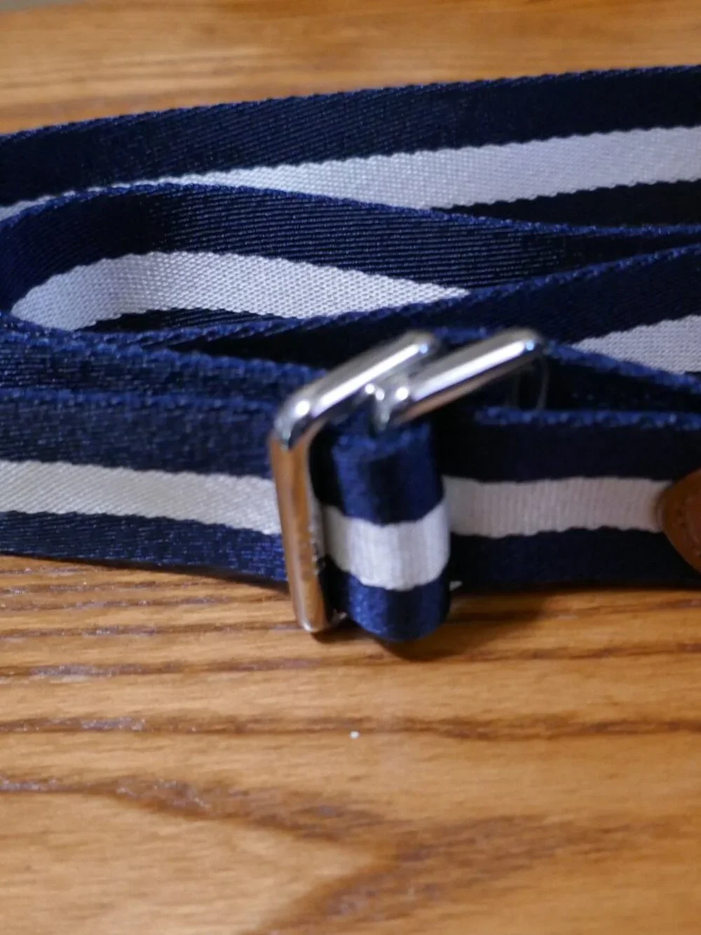 Polo Ralph Lauren Navy and White Striped Fabric Webbed Belt Leather Trim 42